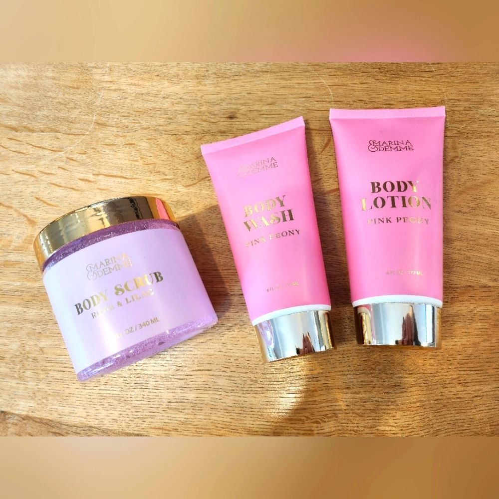 Marina & Demme Pink Peony Body Wash and Lotion and Rose Lilac Body Scub